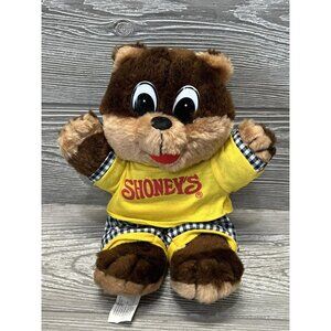 Vintage Shoney’s Restaurant Bear Stuffed Animal Plush Brown Tan Plaid 10”